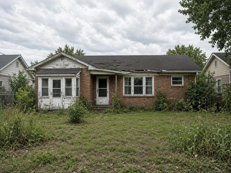 Older brick home with an overgrown yard that needs repairs