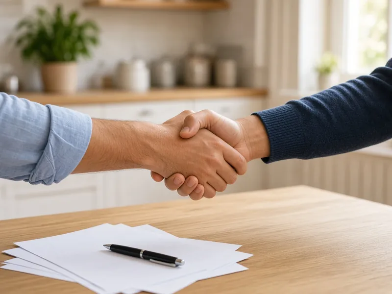 Two people shaking hands over a kitchen table